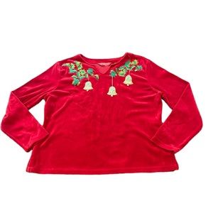 Velvet Christmas Top Embroidered Holly Size Medium petite